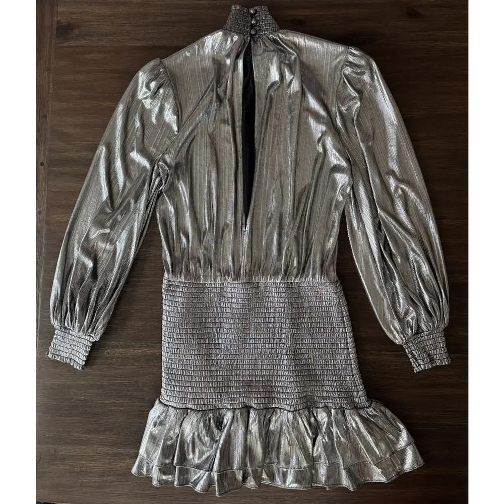 Retrofete Mini Dress Smocked Silver/Gunmetal XS Ruffle Metallic Party - Picture 6 of 12